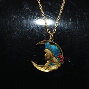 Vintage Beautiful Jools Enameled Necklace Lady Sitting on Crescent Moon 1980s